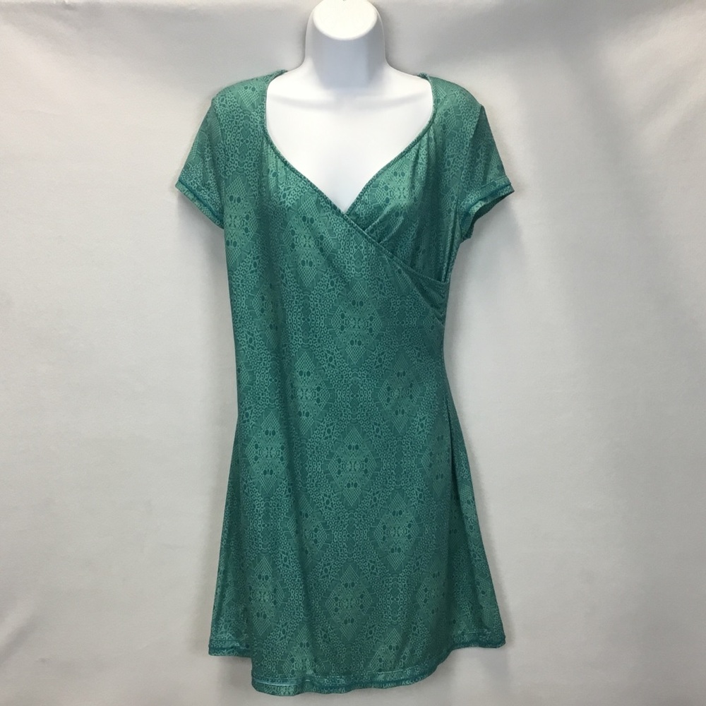 Prana Faux Wrap Short Sleeve Geo Print Athleisure Outdoor Hiking Dress Size M - Picture 1 of 7